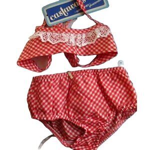Vintage 1980's GIRLS 3 Bikini 2-Piece swim suit RED CHECKER CASTAWAYS NOS